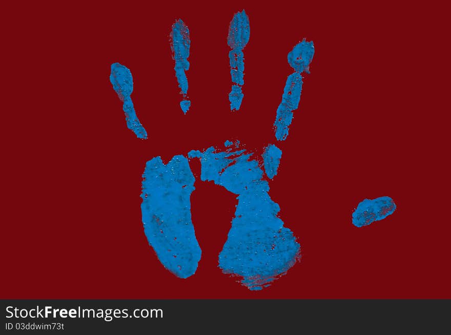 On a photo the hand print on a red background is presented