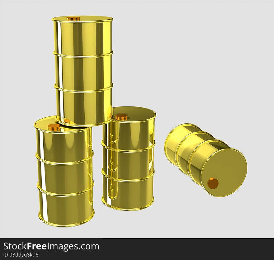 3D rendered gold oil barrels on grey