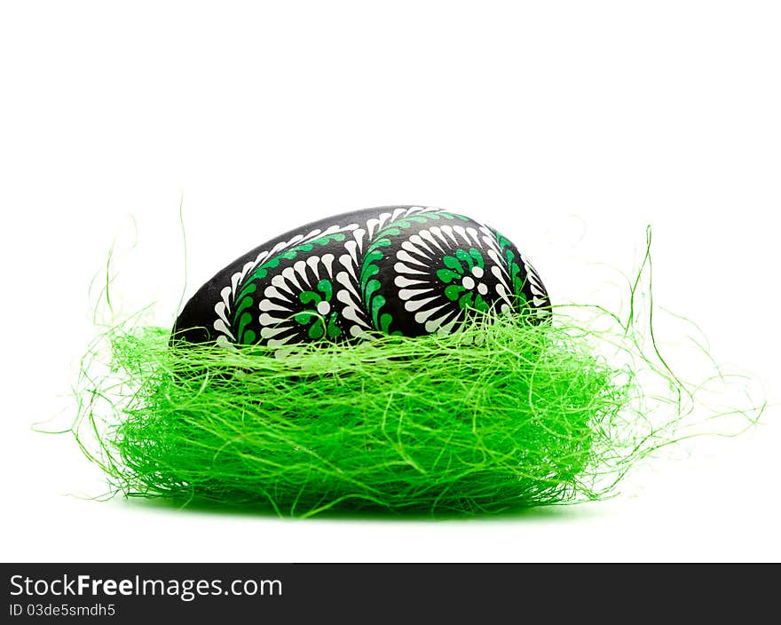 Painted easter eggs in basket on white background. Painted easter eggs in basket on white background