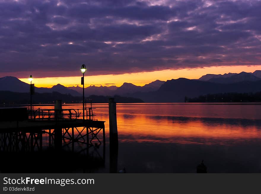 Lake Lucerne after sunset,Swissland