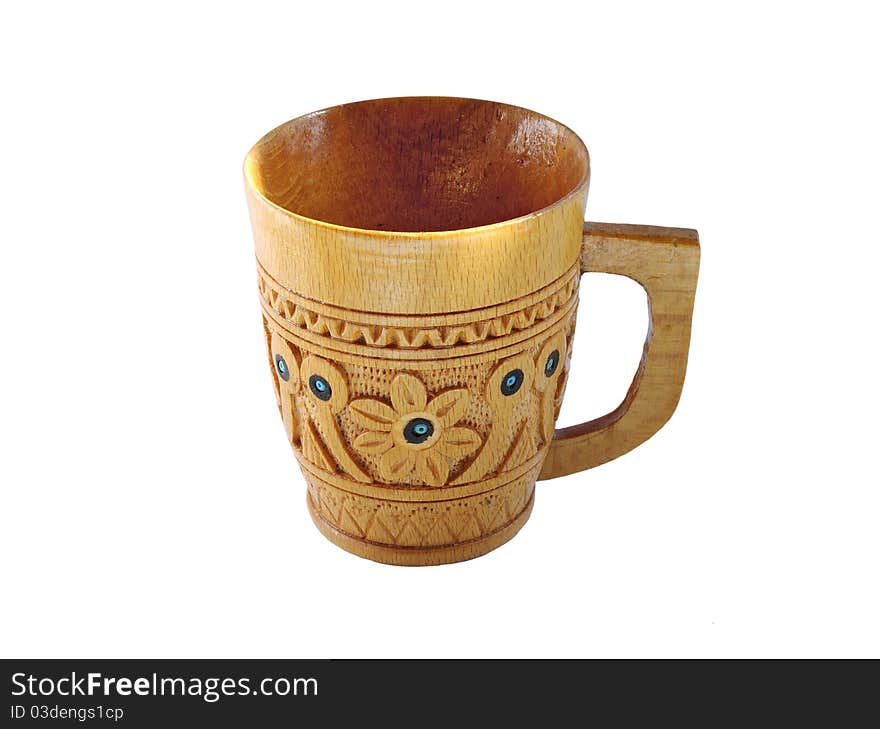 Wooden  carved  mug with pattern isolated on white