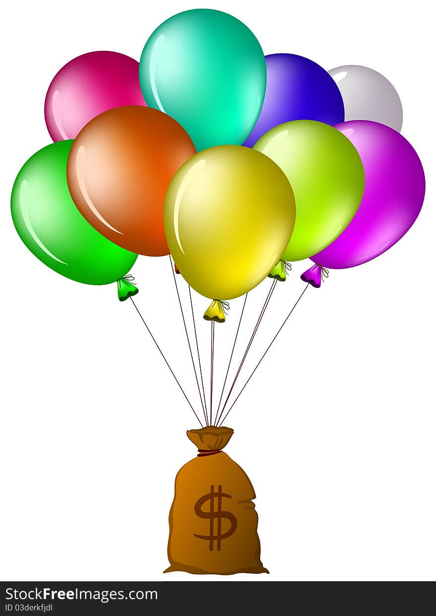 Balloons all colours of a rainbow fly with a bag of money. Balloons all colours of a rainbow fly with a bag of money