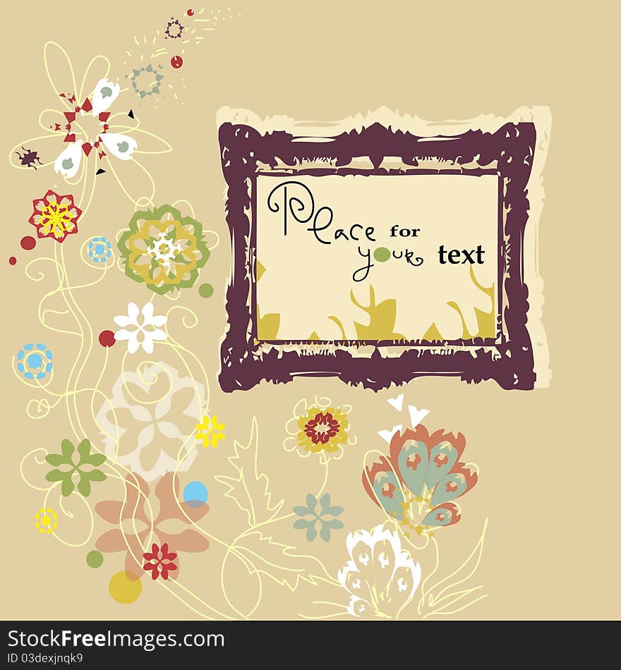 Funny vintage flower background with frame on a beige background. Funny vintage flower background with frame on a beige background