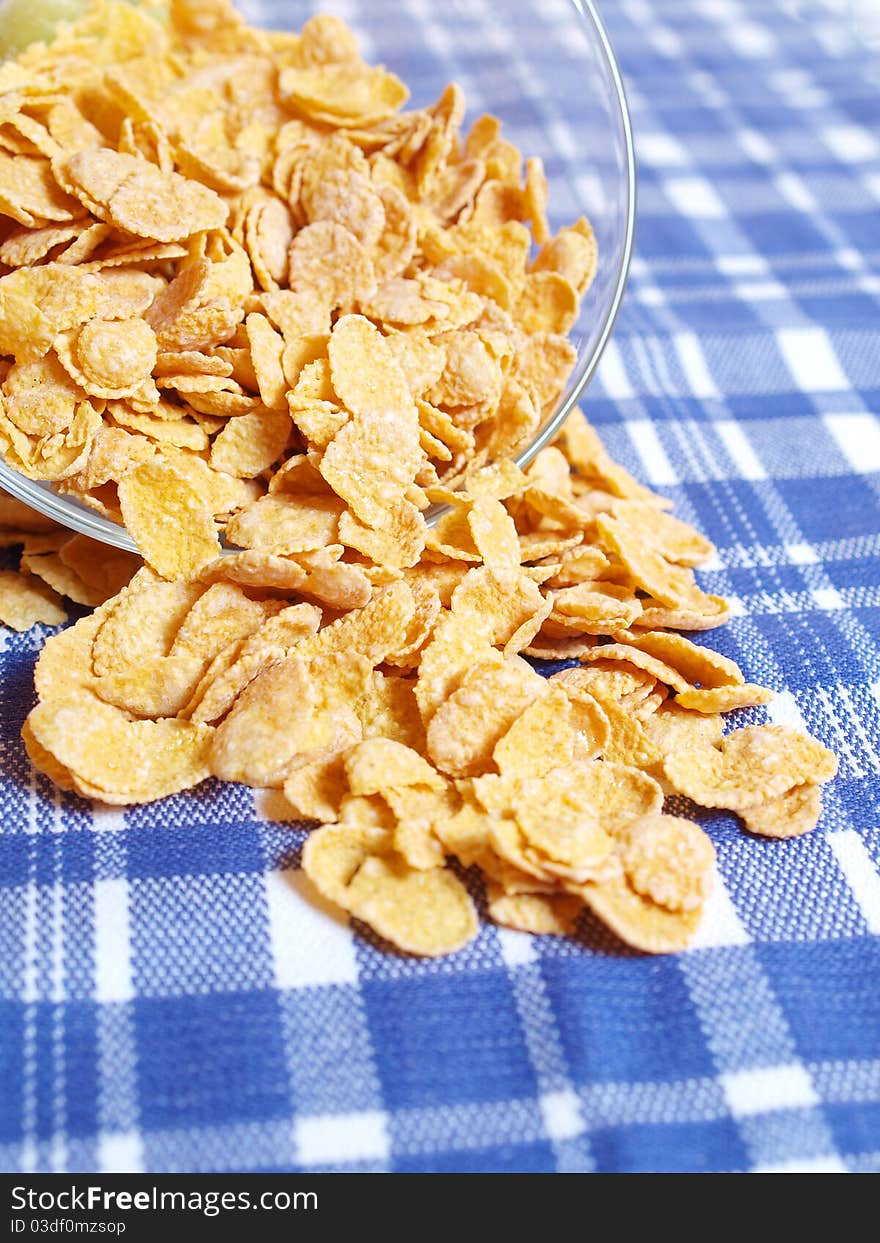 Corn flakes are scattered on the tablecloth. Corn flakes are scattered on the tablecloth