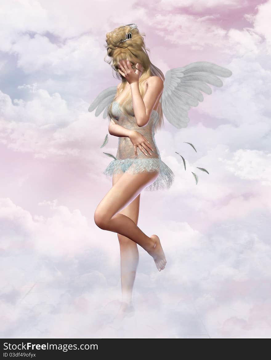 Sad angel in heaven , 3d render