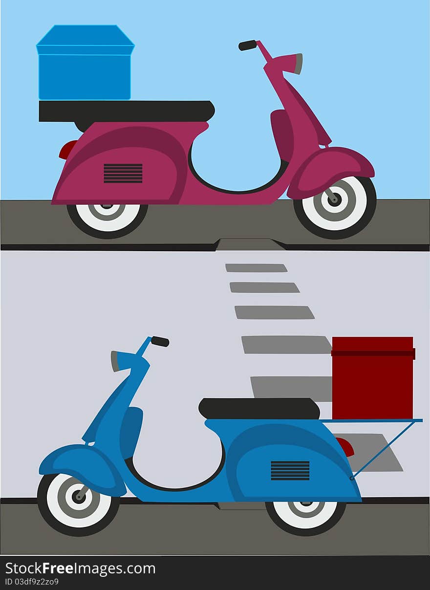 Two scooters parked on roadside with delivery boxes