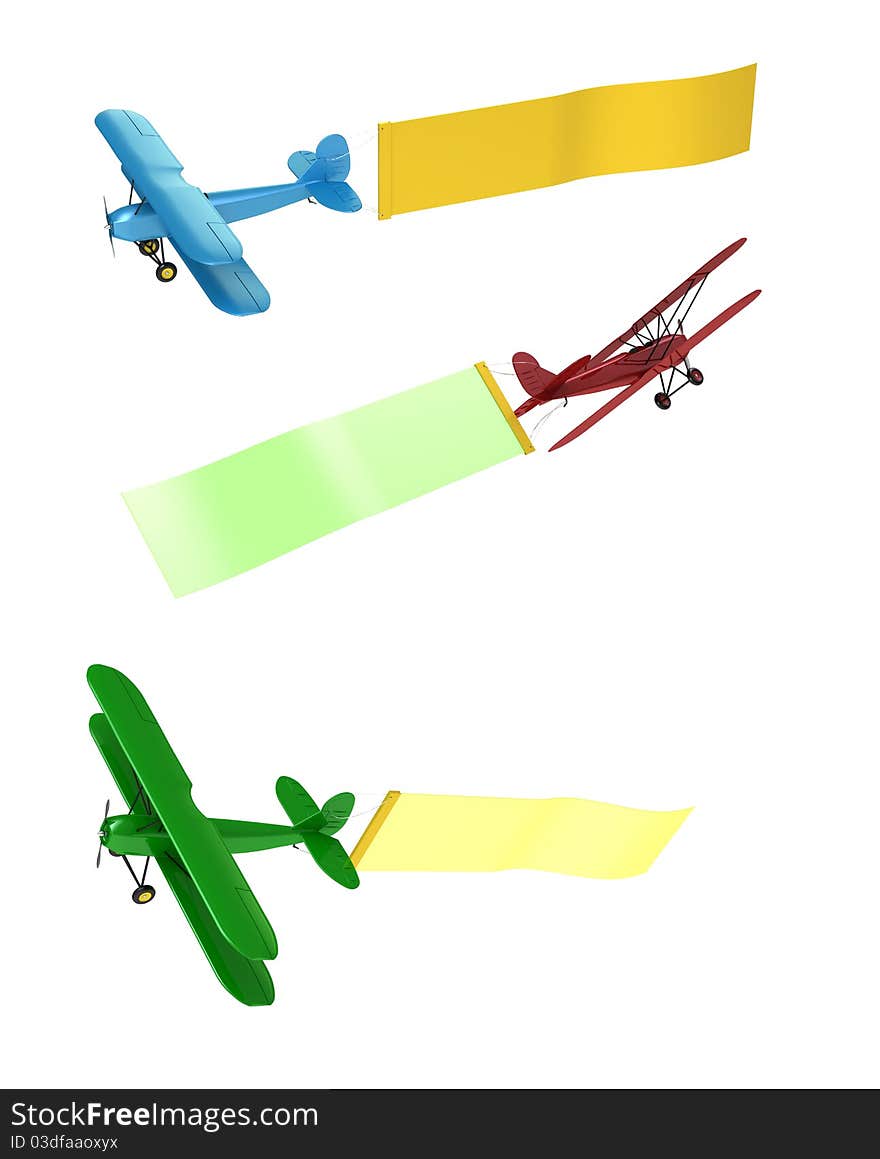 3d render of  three planes with an advertising tape on a white background