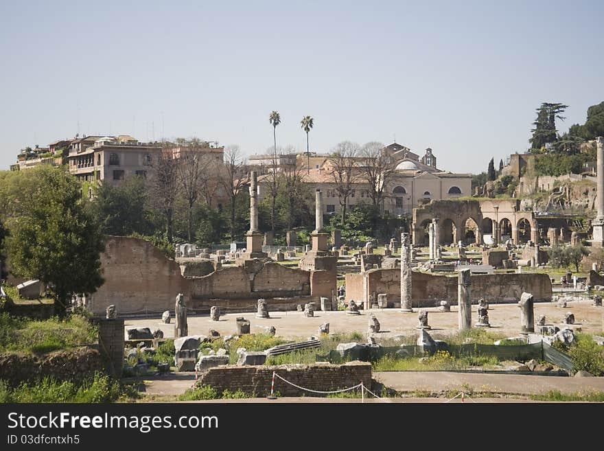 View of ancient forum of rome, archeological landscape. View of ancient forum of rome, archeological landscape