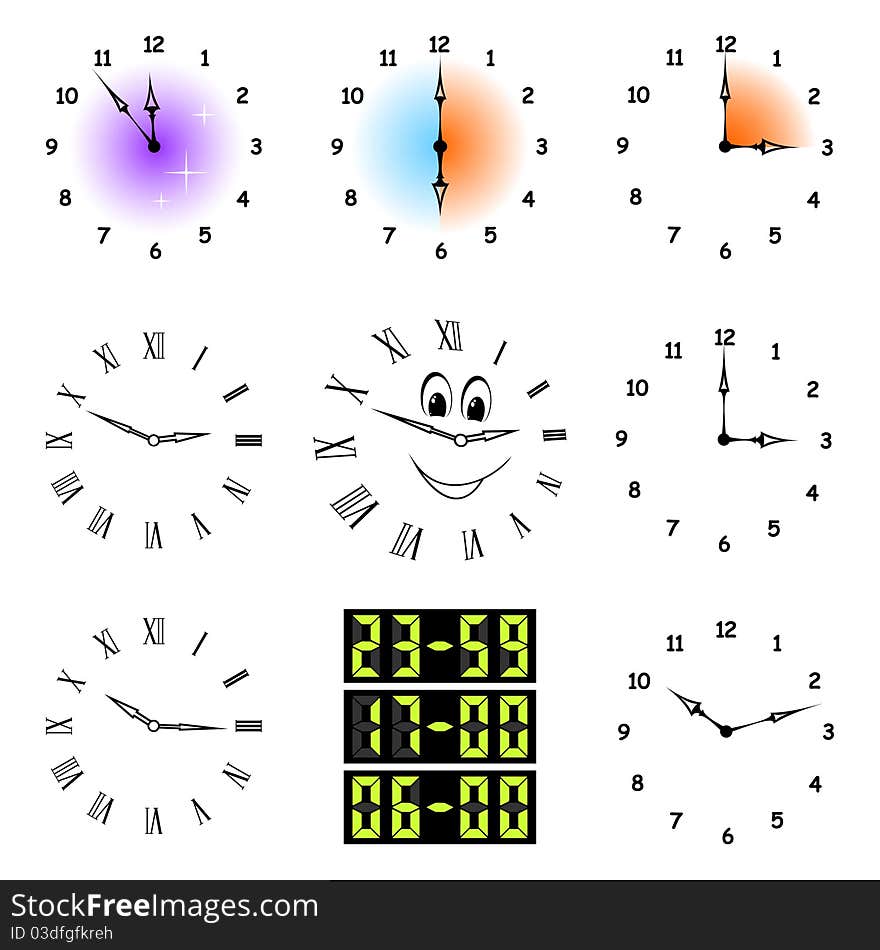 The complete set of different hours on a white background. The complete set of different hours on a white background.