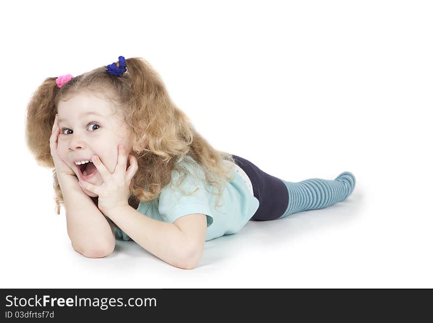 Little funny girl on white background studio shot. Little funny girl on white background studio shot