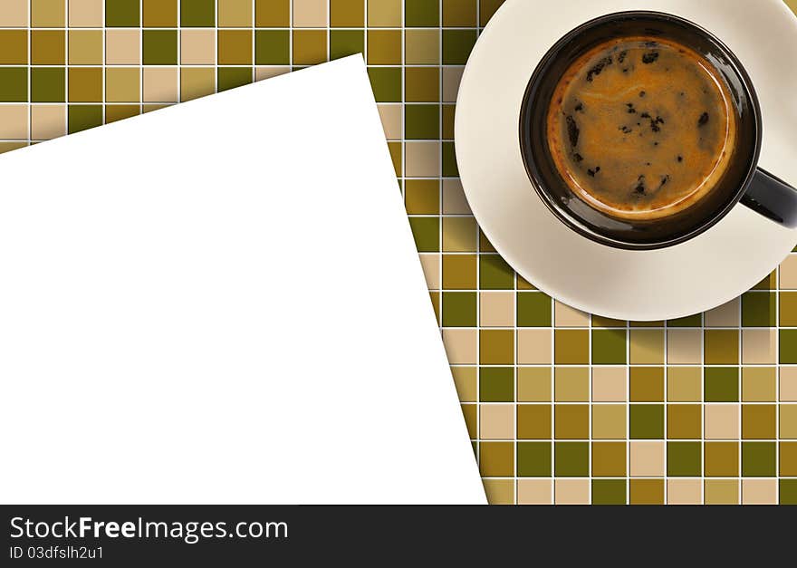 Top view of coffee cup and note paper on mosaic. Top view of coffee cup and note paper on mosaic