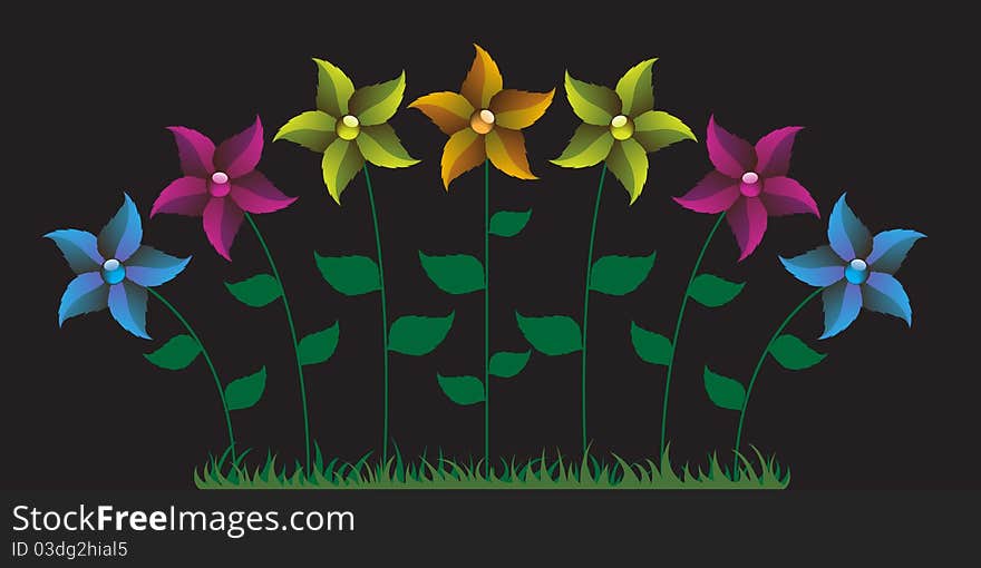 Bright abstract flowers on a black background. Bright abstract flowers on a black background