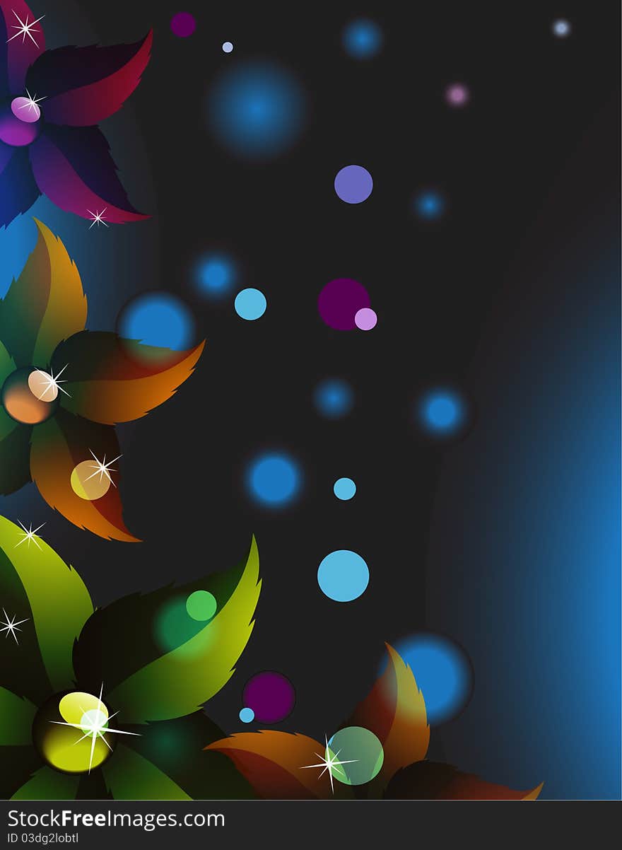 Imaginary flowers on a dark blue background with the lights