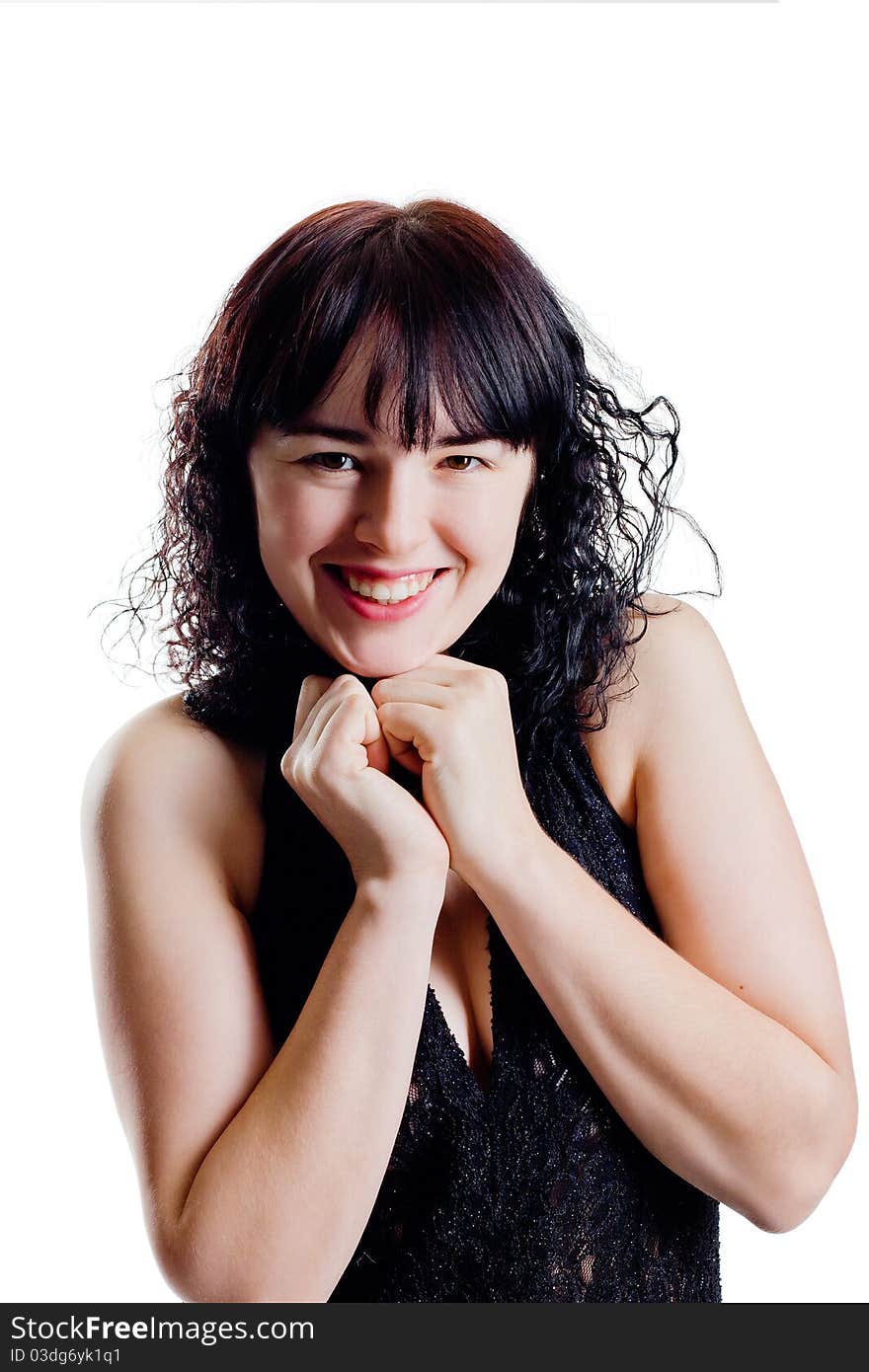 Close-up portrait of a laughing brunette woman. Close-up portrait of a laughing brunette woman