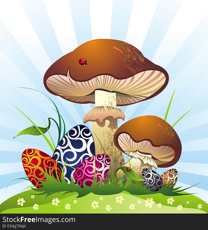 Landscape with mushrooms and eggs