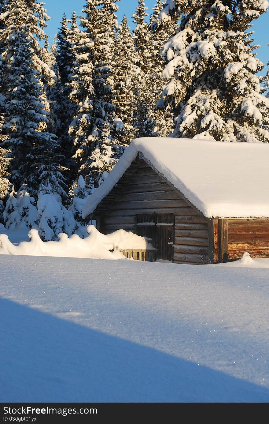 Small house in winter wood in Norway.