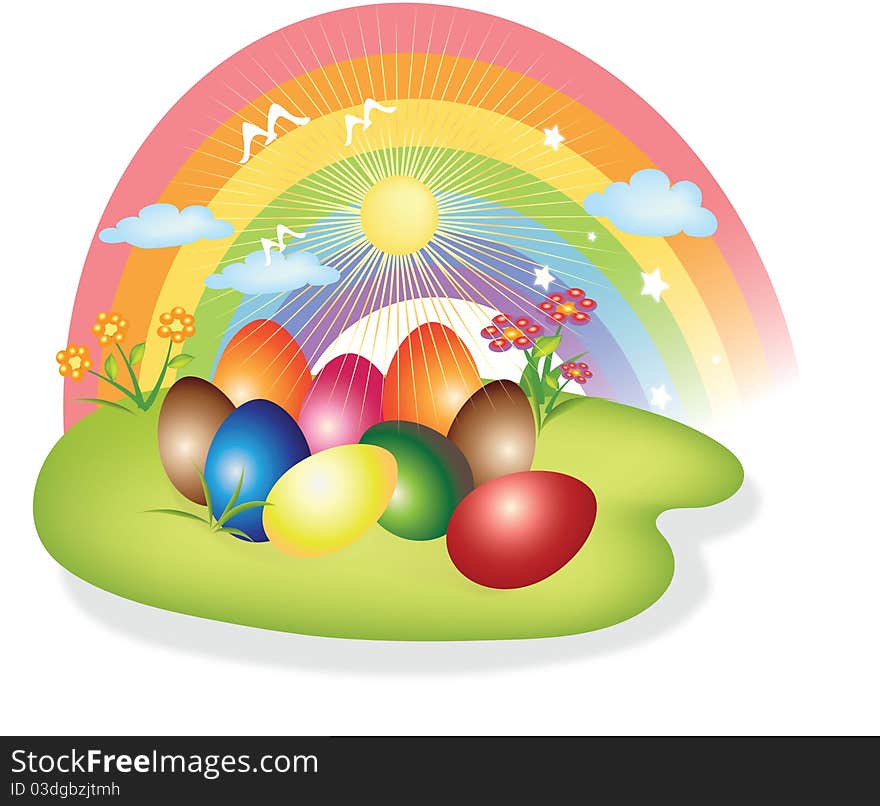 Colorful illustration of painted Easter eggs in a field of grass.