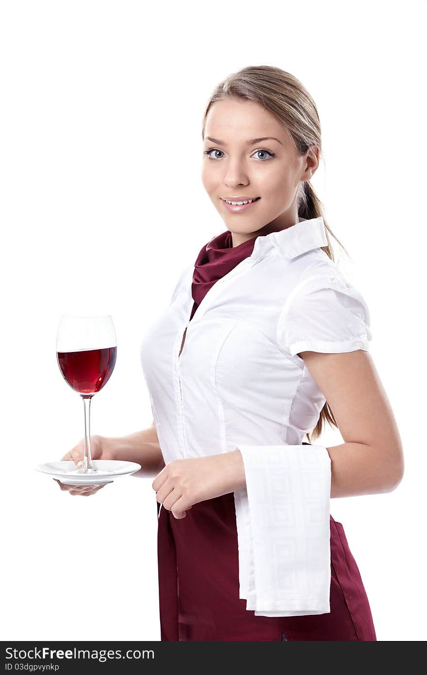 Attractive young girl with a glass of wine on a white background. Attractive young girl with a glass of wine on a white background