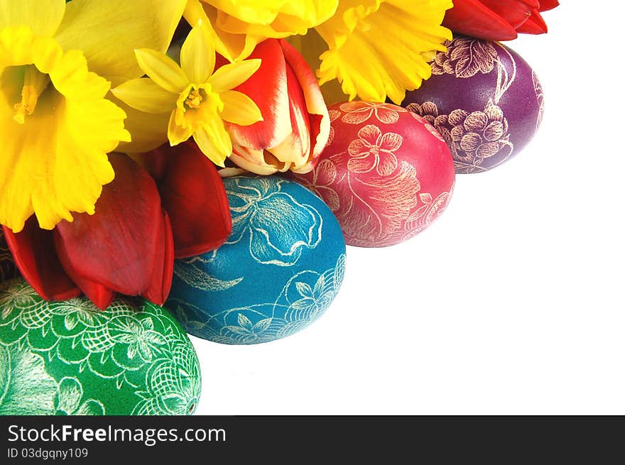 Traditional scratched hand-made Easter eggs from Poland with flowers