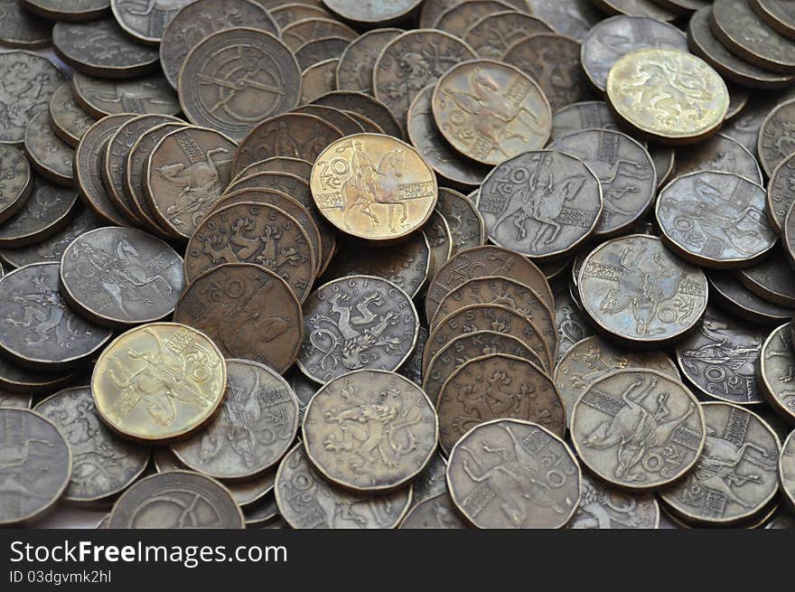 Czech crowns coins - money on a large heap