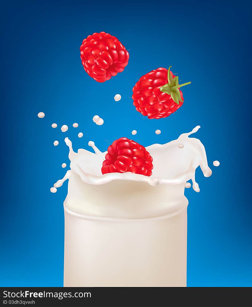 Red Raspberry Fruits Falling Into The Milk Splash