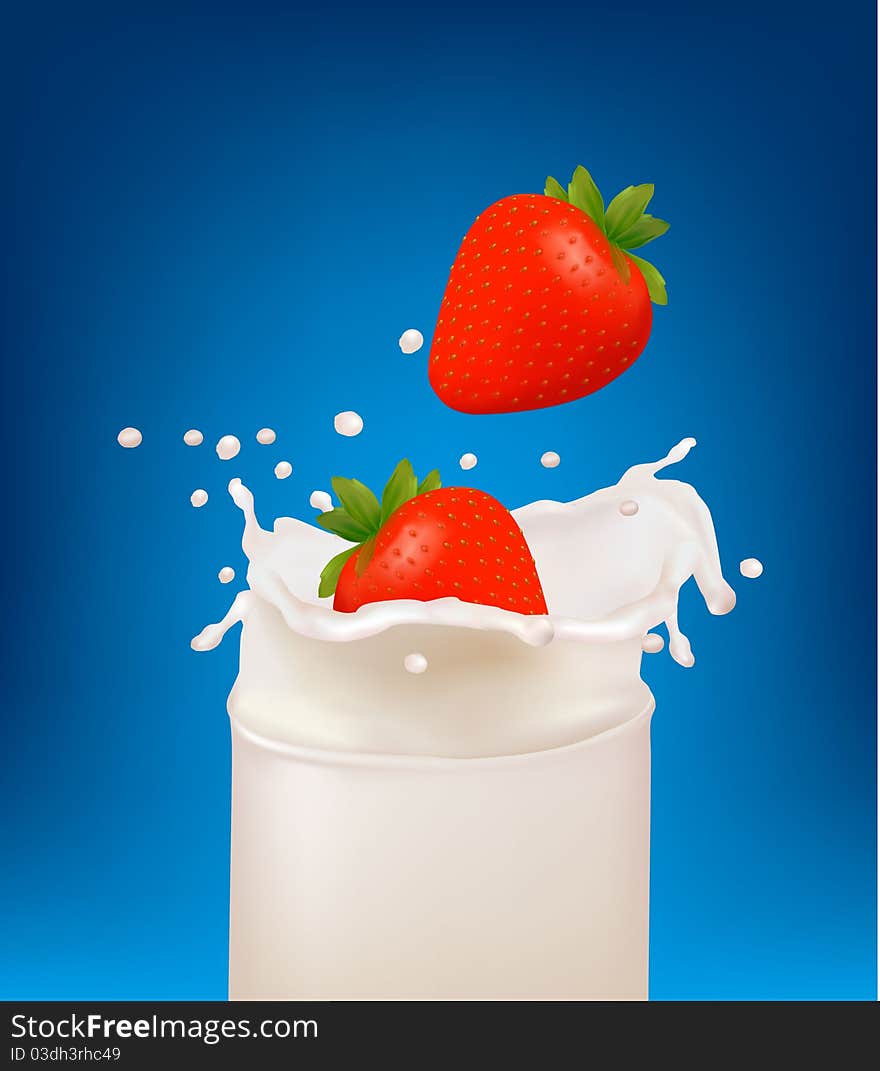 Strawberry fruits falling into the milky splash