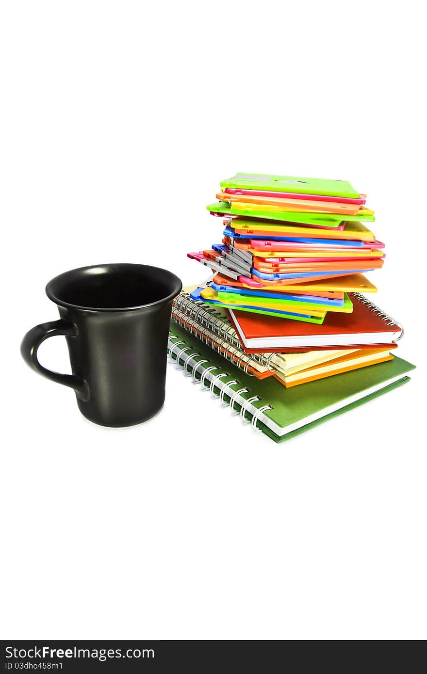 Back coffee cup and note book on white background