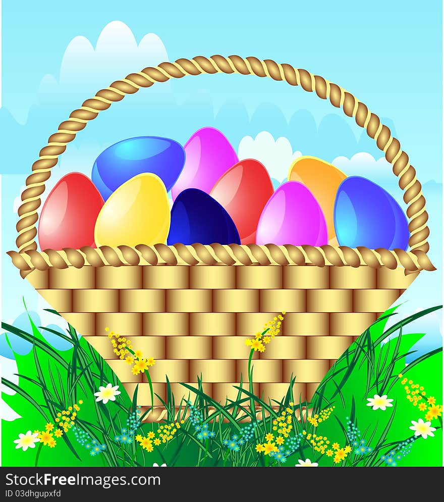 Easter basket with colored eggs on meadow. Easter basket with colored eggs on meadow