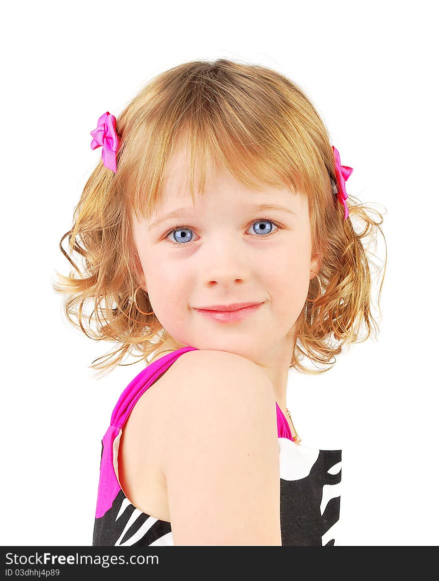 Portrait of a happy little girl on the white background.