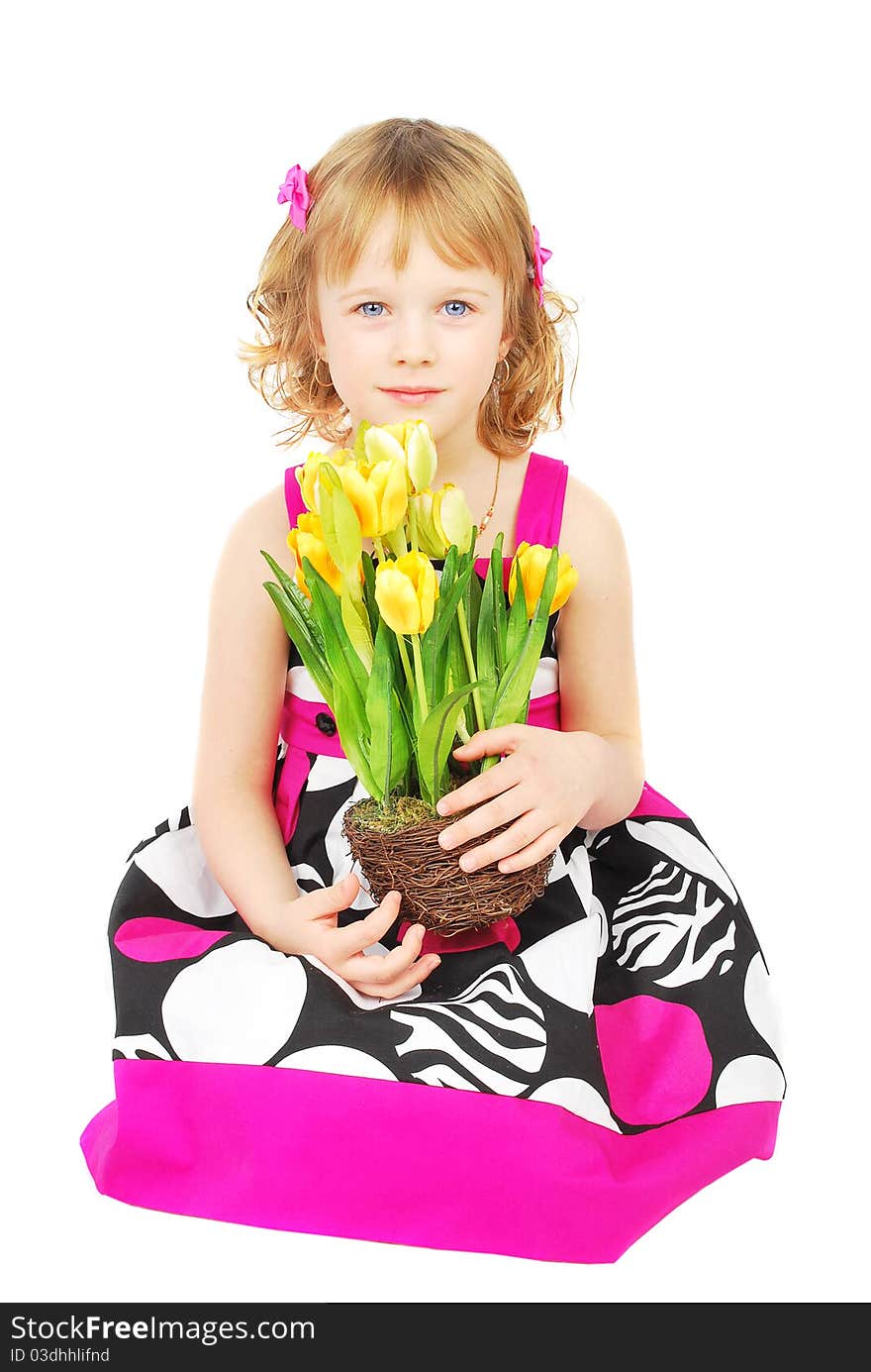 Little Girl In Fashion Dresswith Yellow Flowers.