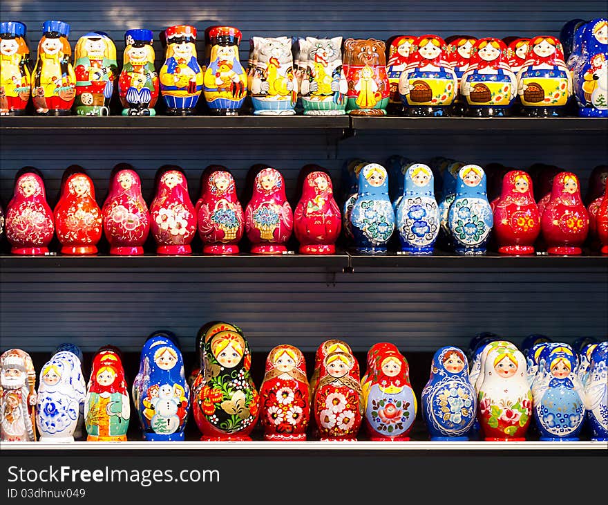 Russian souvenirs on the shelves in the store