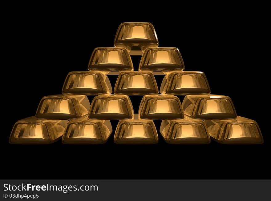 A pyramid of gold bullions on black background