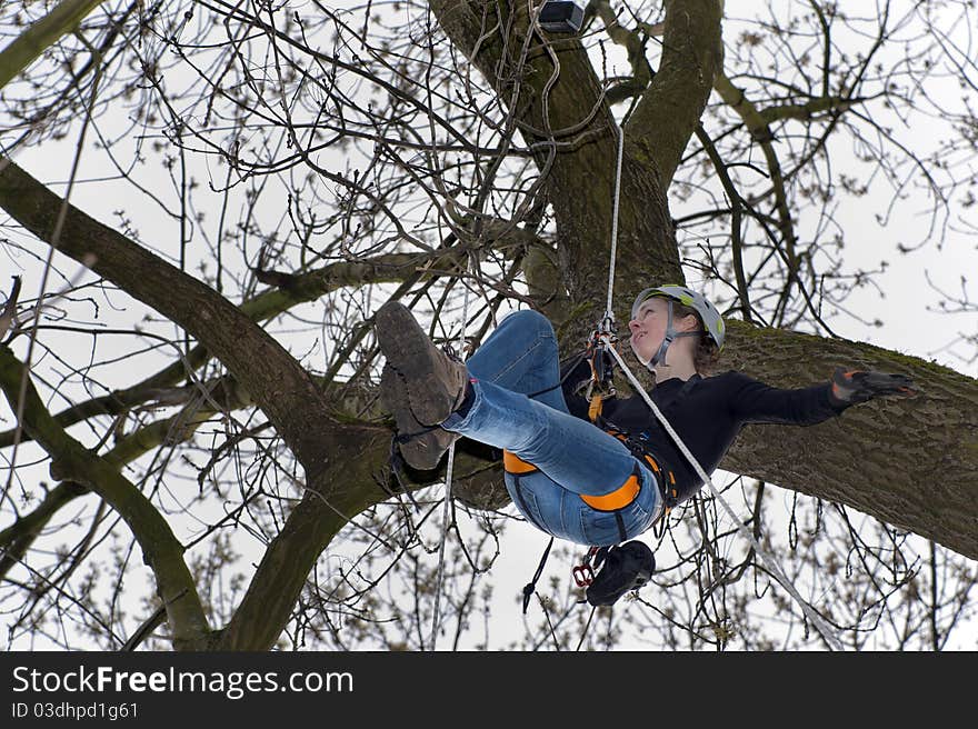 Young woman when geocaching in a tree. Young woman when geocaching in a tree