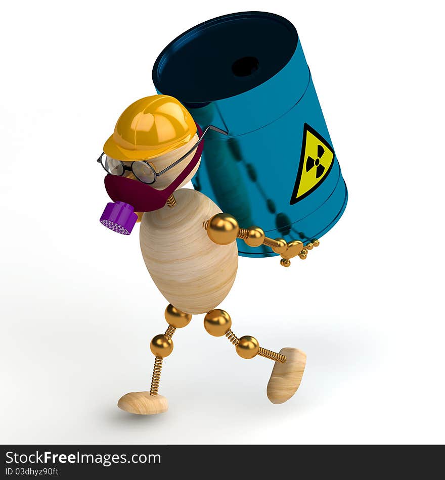 3d wood man with a radioactive waste isolated