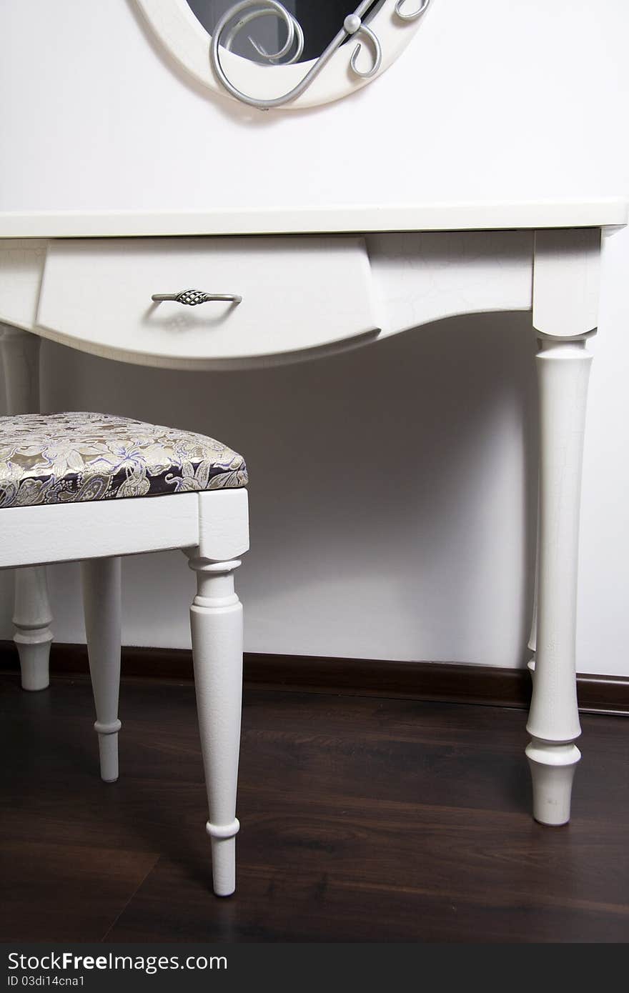 White Table, chair, mirror in ancient, modernist style. White Table, chair, mirror in ancient, modernist style