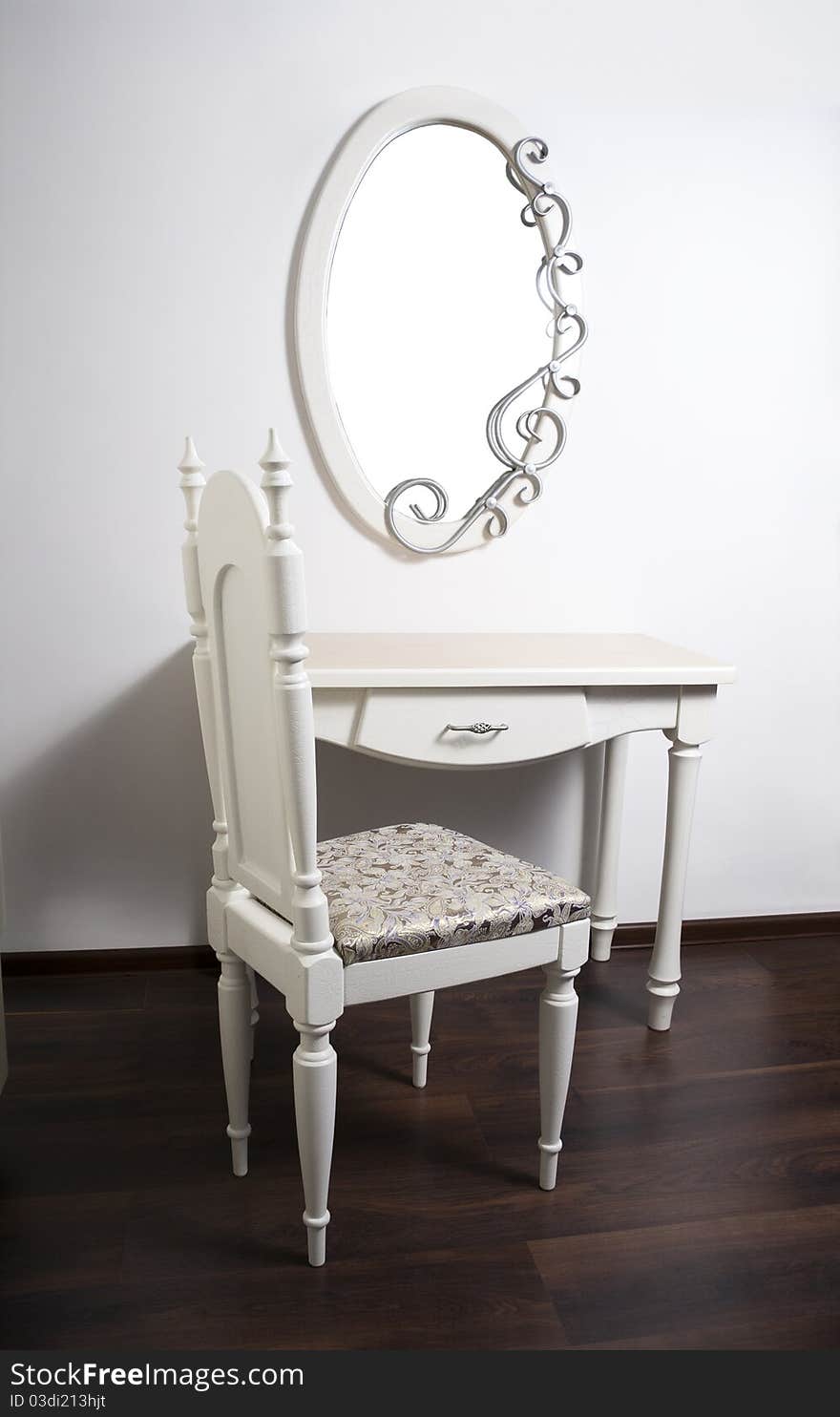 White Table, chair, mirror in ancient, modernist style. White Table, chair, mirror in ancient, modernist style