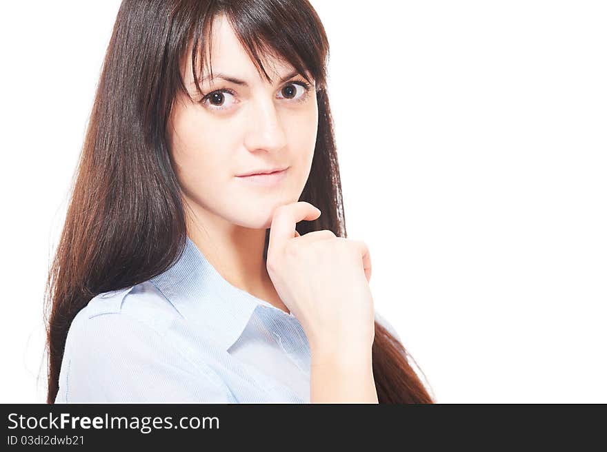 Beautiful european brunette young girl in shirt over white background. Beautiful european brunette young girl in shirt over white background