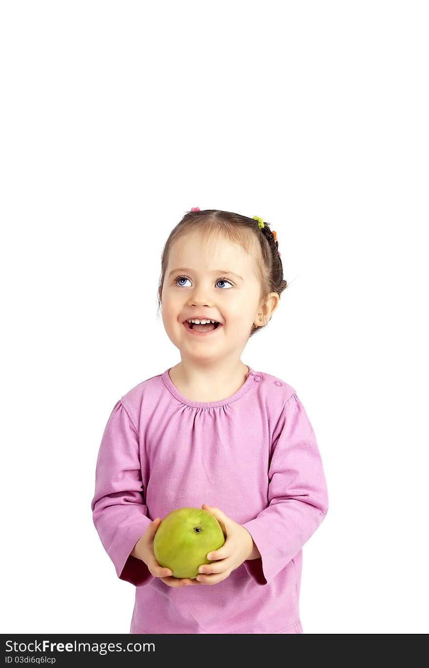 The child with an apple on the isolated white background