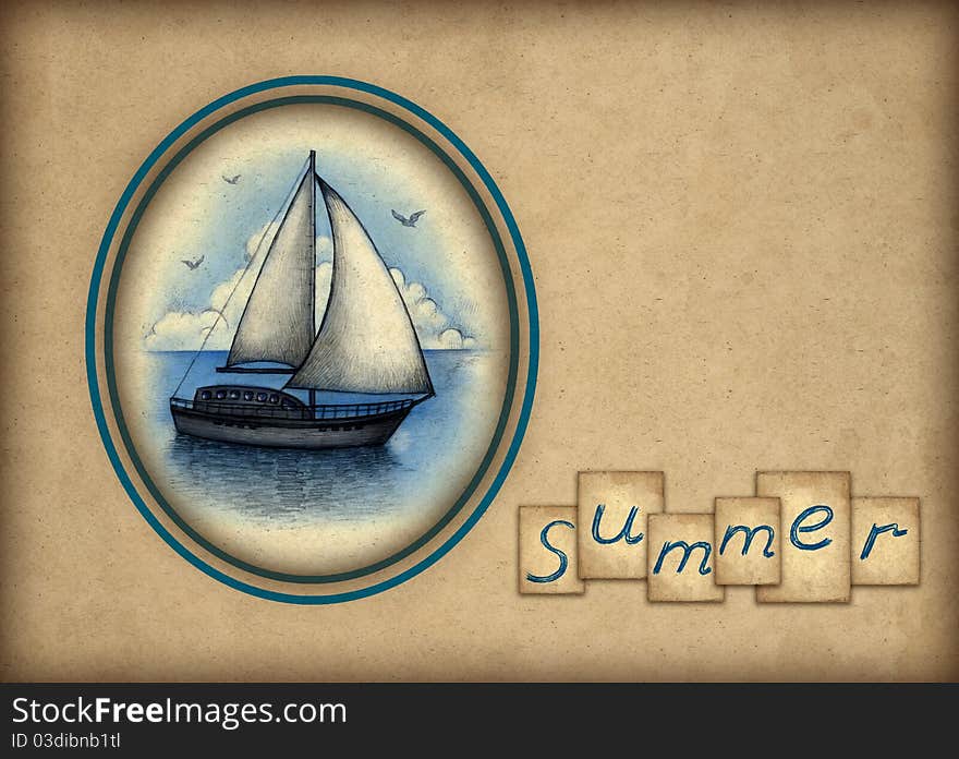 Card with illustration of sailing boat. Card with illustration of sailing boat