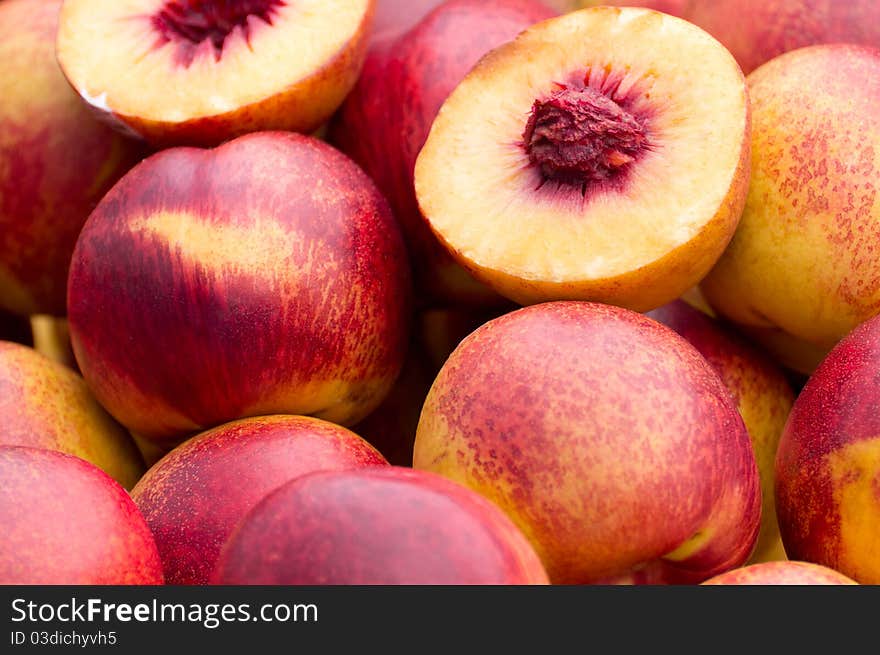 Close up on some ripe and juicy peaches.