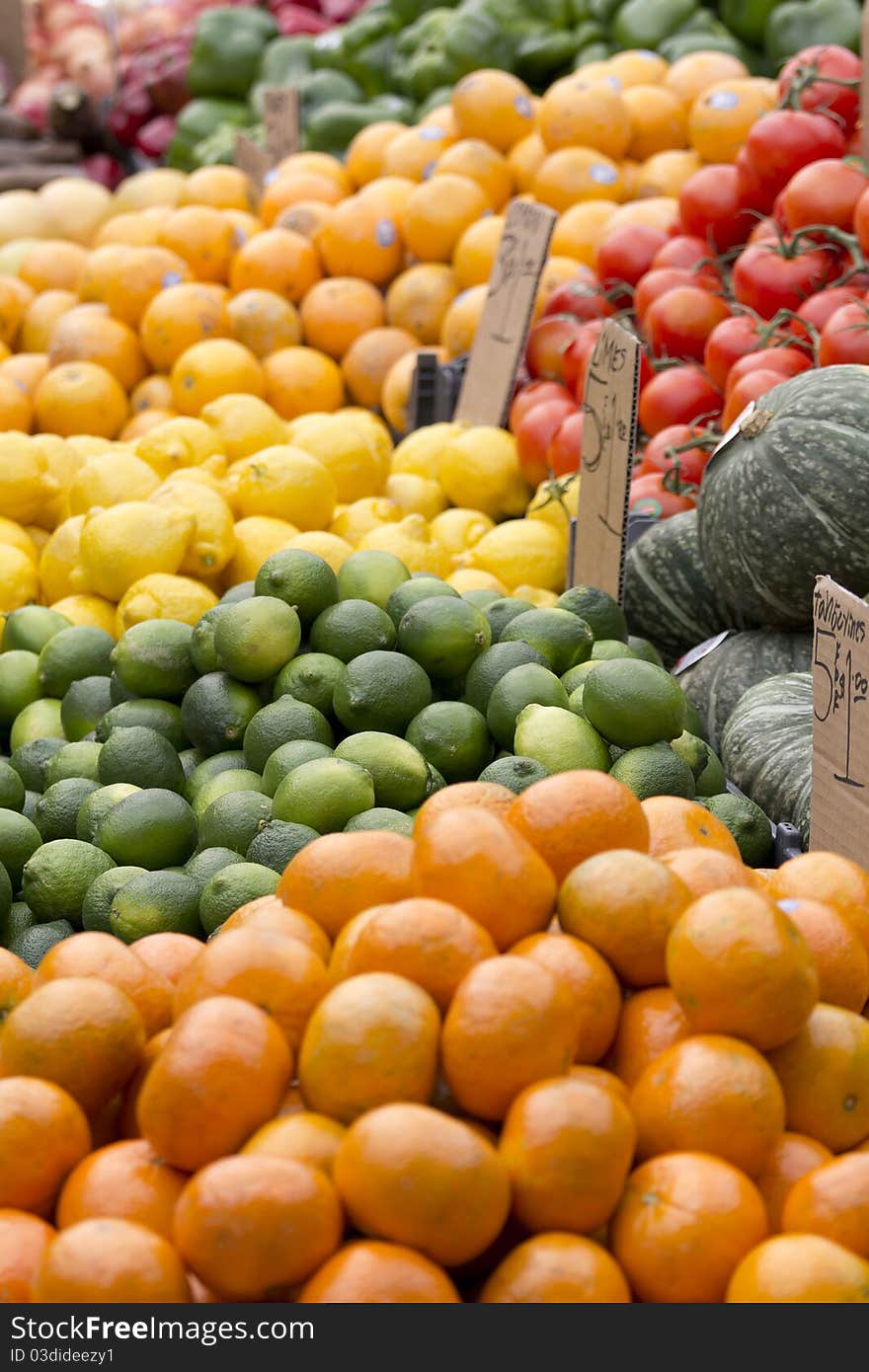 Fruits and vegetables on a street market's table.