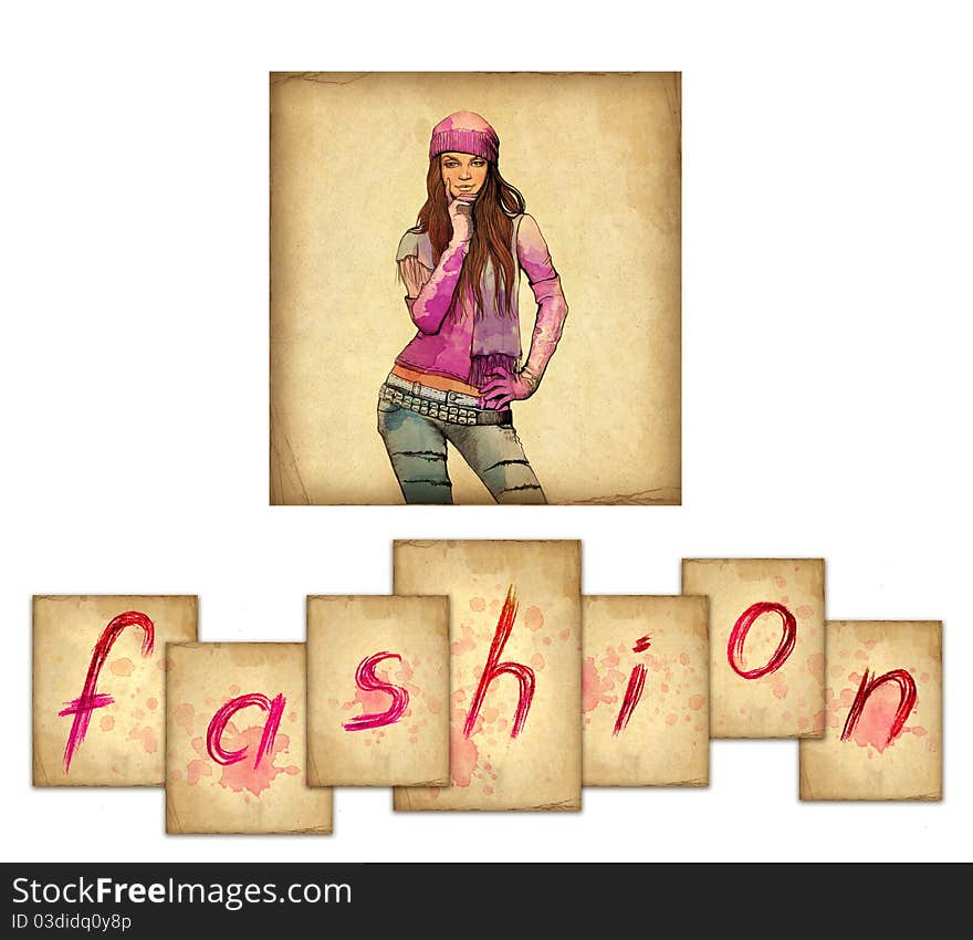 Fashion illustration. Text and drawing of girl