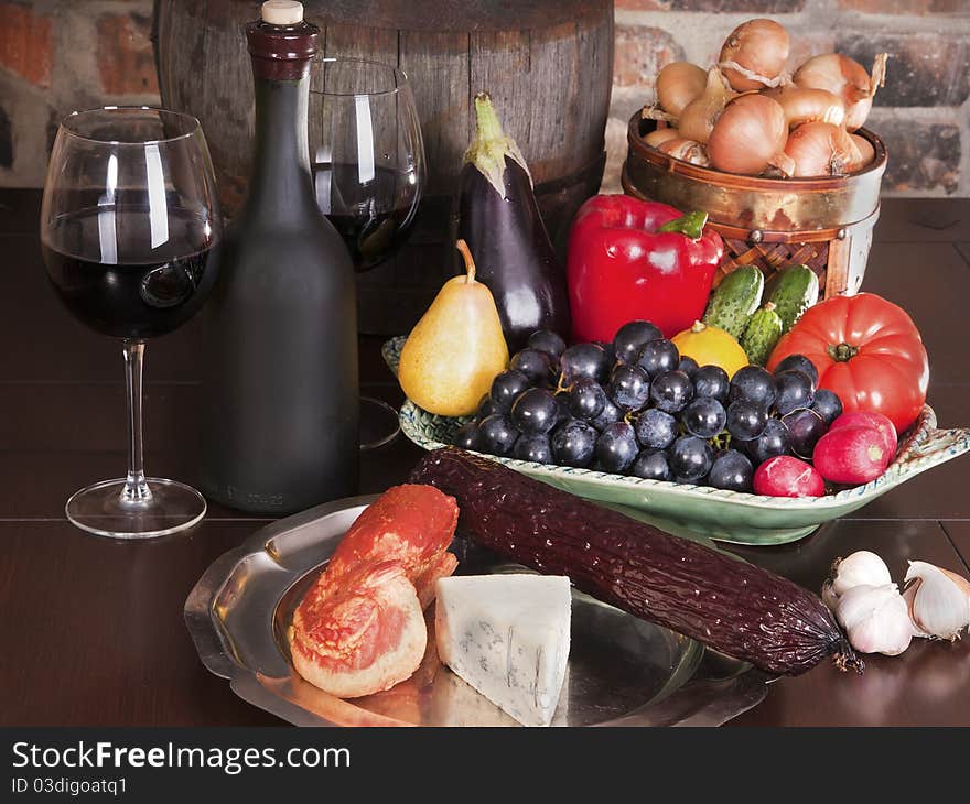 Still Life With Wine And Some Fruits,vegetables,