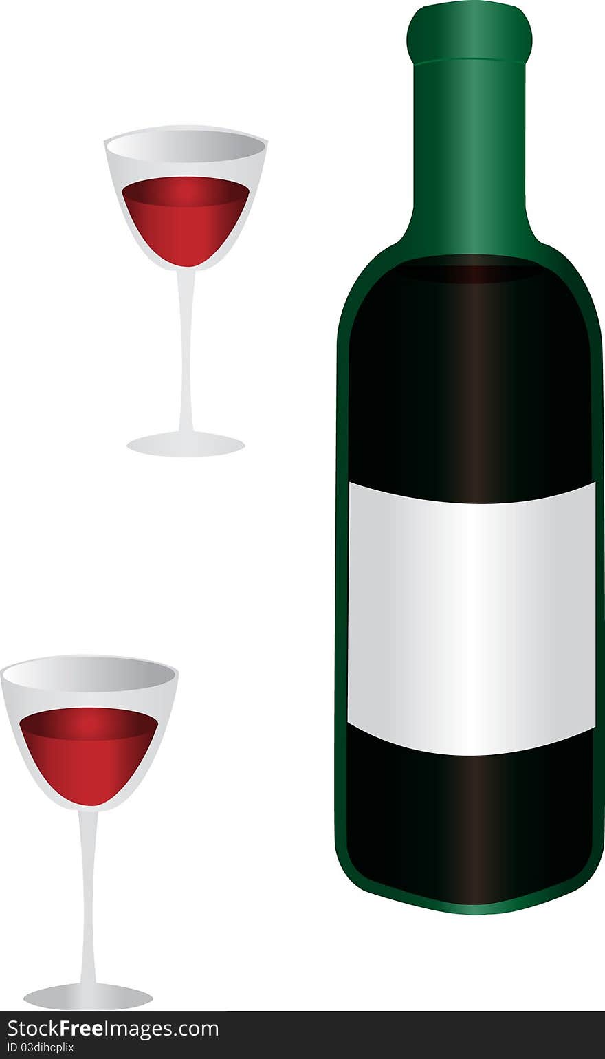 Wine glasses with red wine and a glass bottle