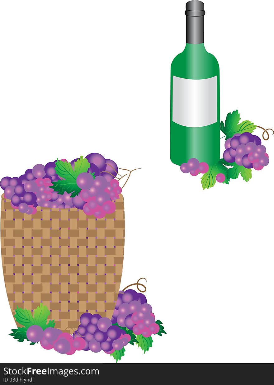 Basket with purple grapes and a bottle of wine