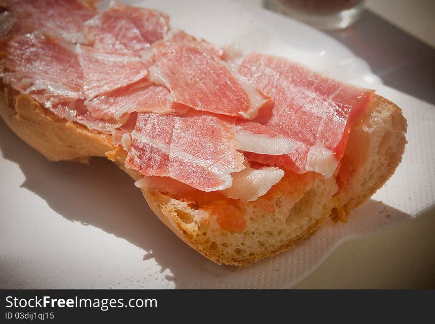 Bread roll of cured ham (jamon serrano). Bread roll of cured ham (jamon serrano)