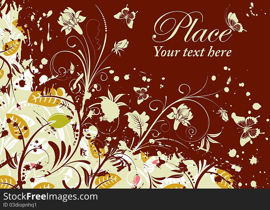 Grunge floral frame with butterfly, element for design,  illustration