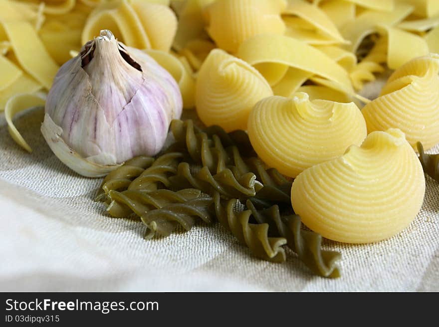 Various types of pasta and garlic