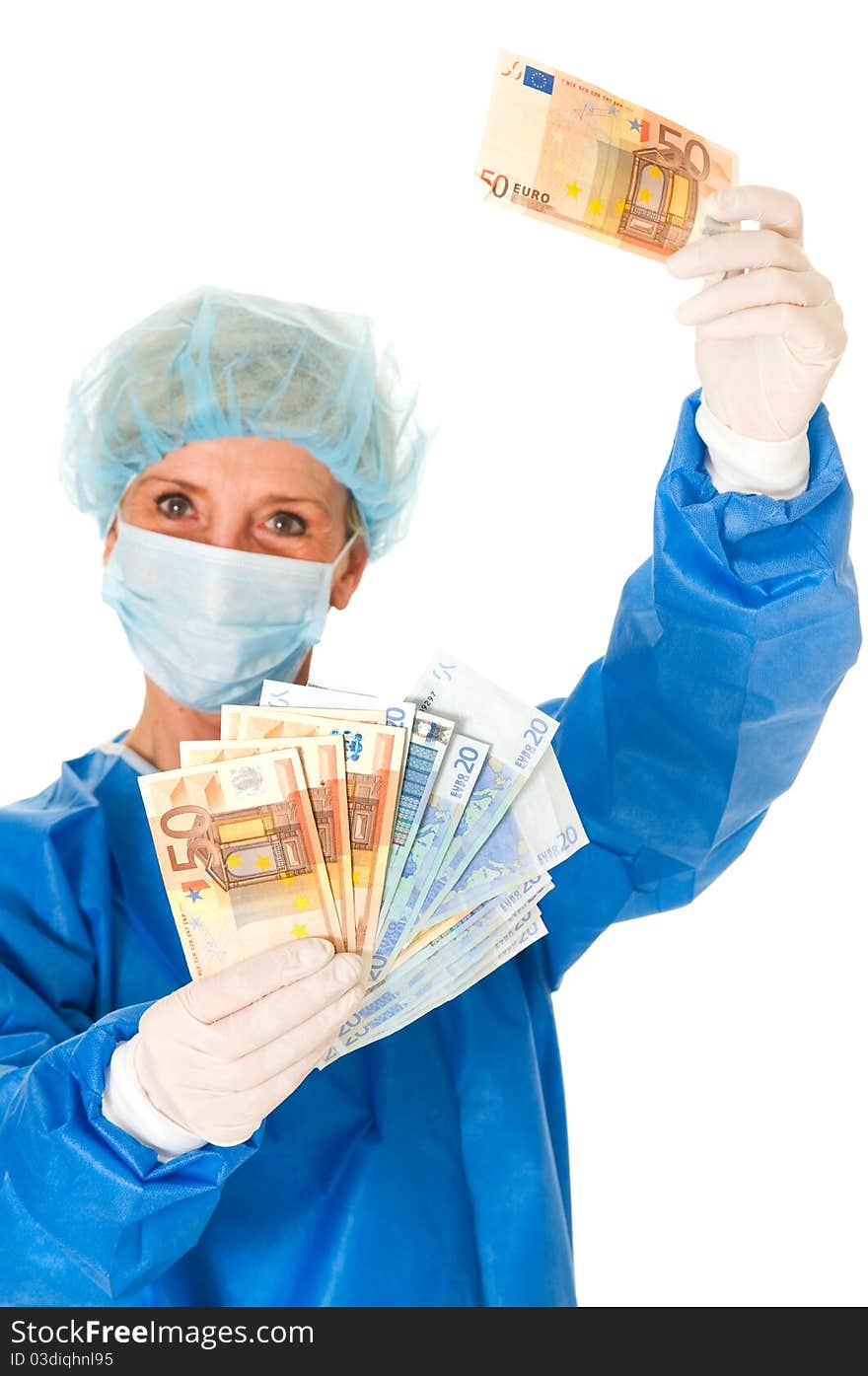 Female surgeon holding banknotes in white background