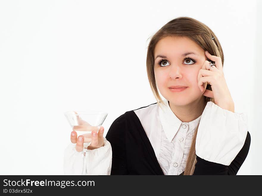 Nice woman in a black business suit on a white